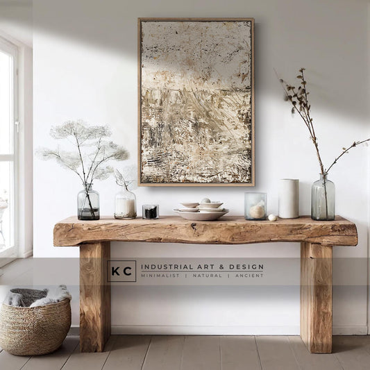 Wabi-Sabi Japandi Organic Textured Abstract Minimalist Brown Beige Tan Horizon Artisan Painting KC Industrial Art & Design