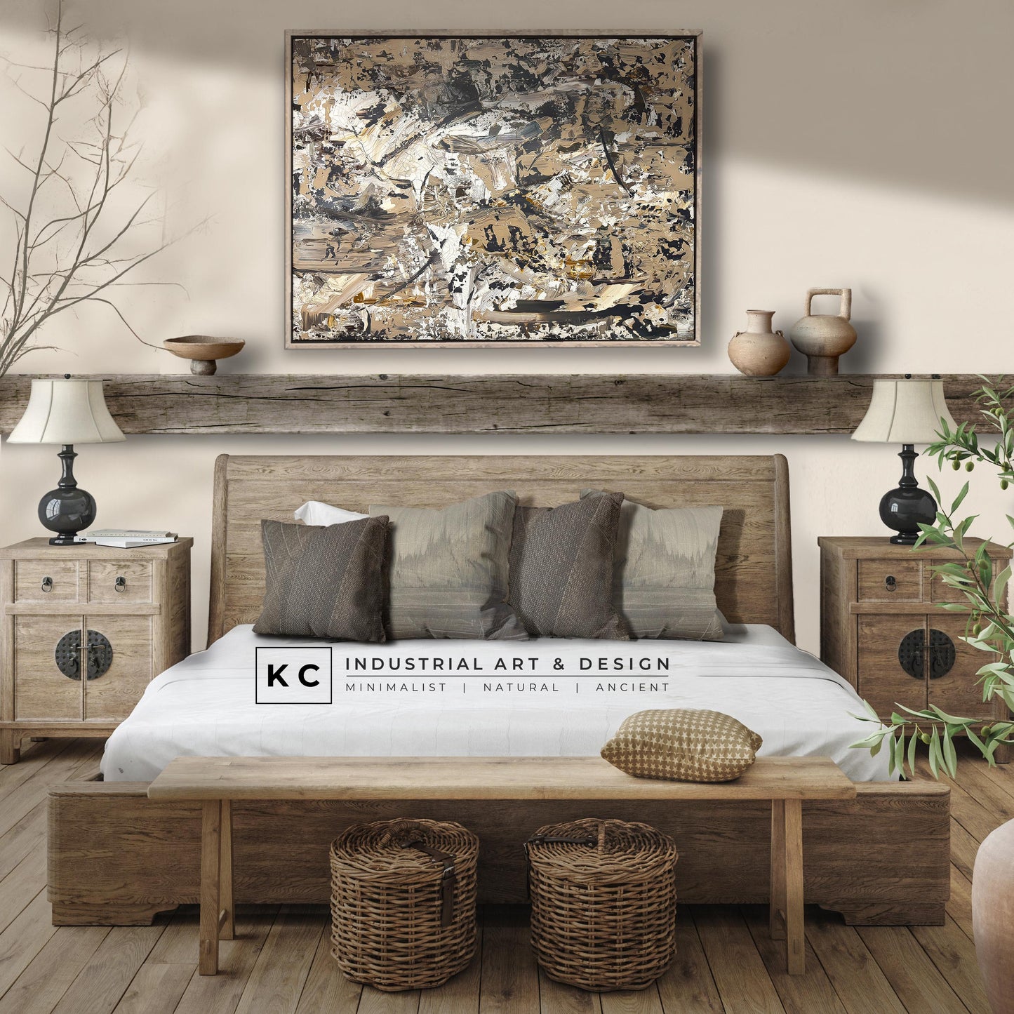 Beige Brown Black Abstract Painting | Large Original Landscape Art | Cream Tan Beige Office Den KC Industrial Art & Design
