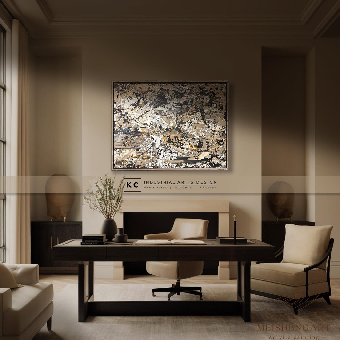 Beige Brown Black Abstract Painting | Large Original Landscape Art | Cream Tan Beige Office Den KC Industrial Art & Design