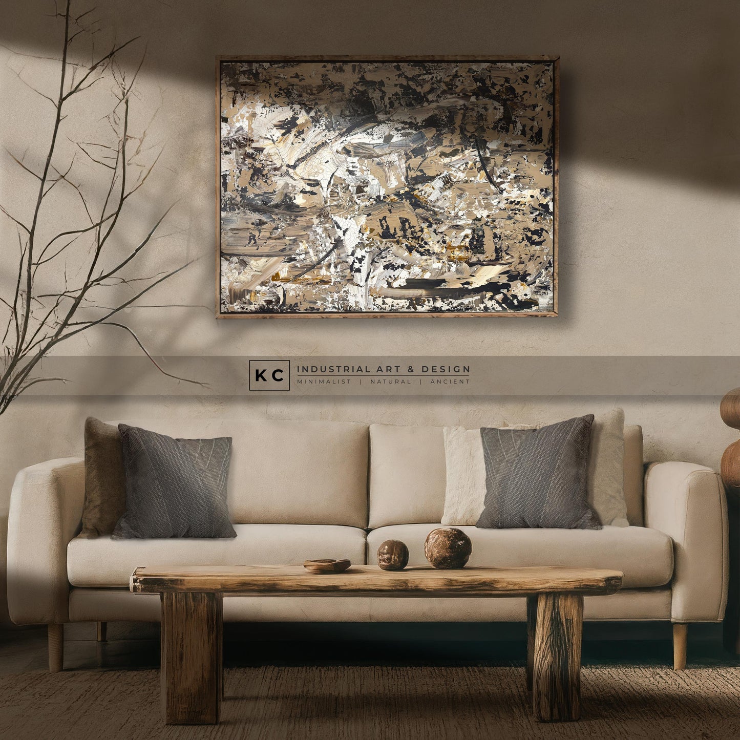 Beige Brown Black Abstract Painting | Large Original Landscape Art | Cream Tan Beige Office Den KC Industrial Art & Design