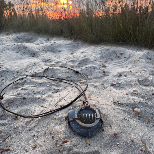 Primitive Wrapped Utah River Rock | Vintage Rusted Metal Parts | Found Object Artifact Industrial Necklace KC Industrial Art & Design
