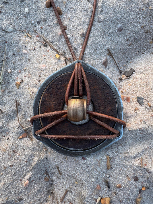 Industrial Alchemy: Triangle Gasket Artifact Amulet I Rusted Metal Brass Steampunk Vintage Car Part Jewelry | Found Object Genderless Unisex KC Industrial Art & Design