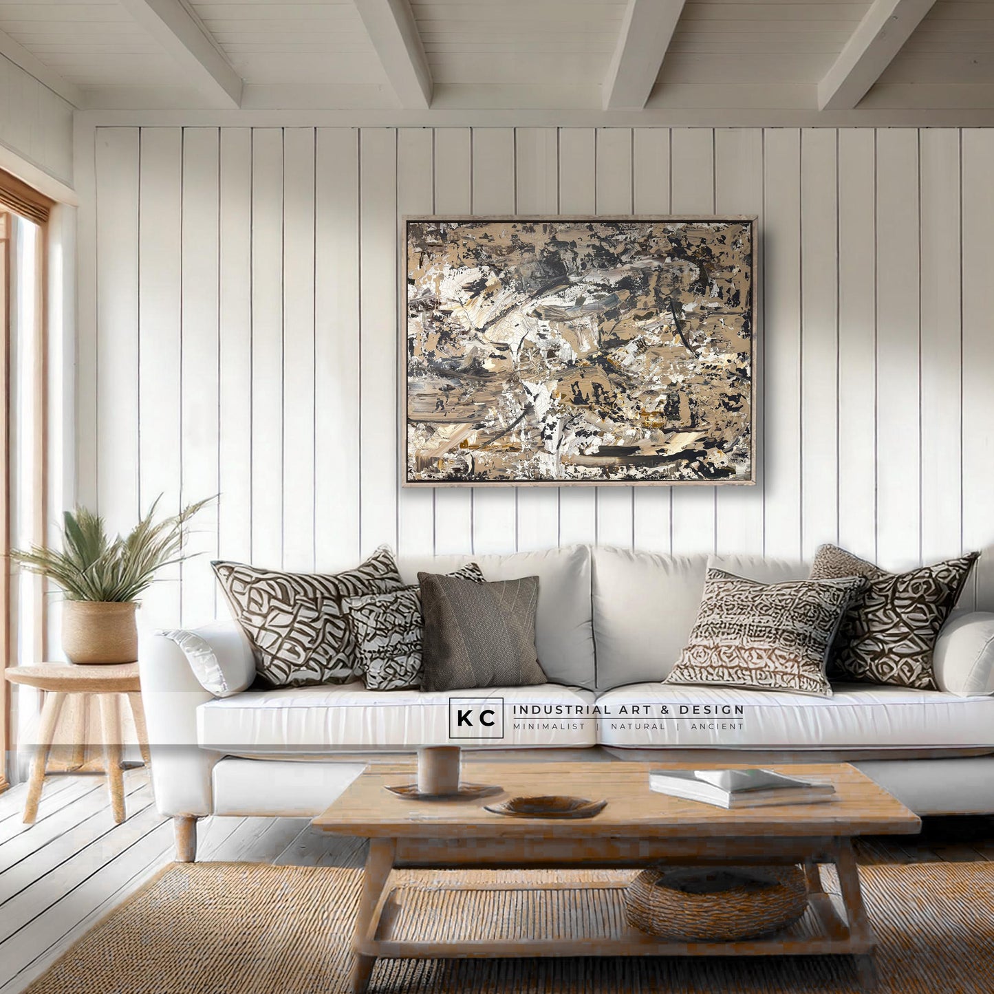 Beige Brown Black Abstract Painting | Large Original Landscape Art | Cream Tan Beige Office Den KC Industrial Art & Design
