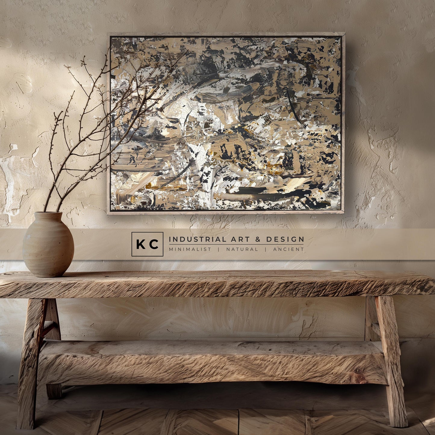 Beige Brown Black Abstract Painting | Large Original Landscape Art | Cream Tan Beige Office Den KC Industrial Art & Design