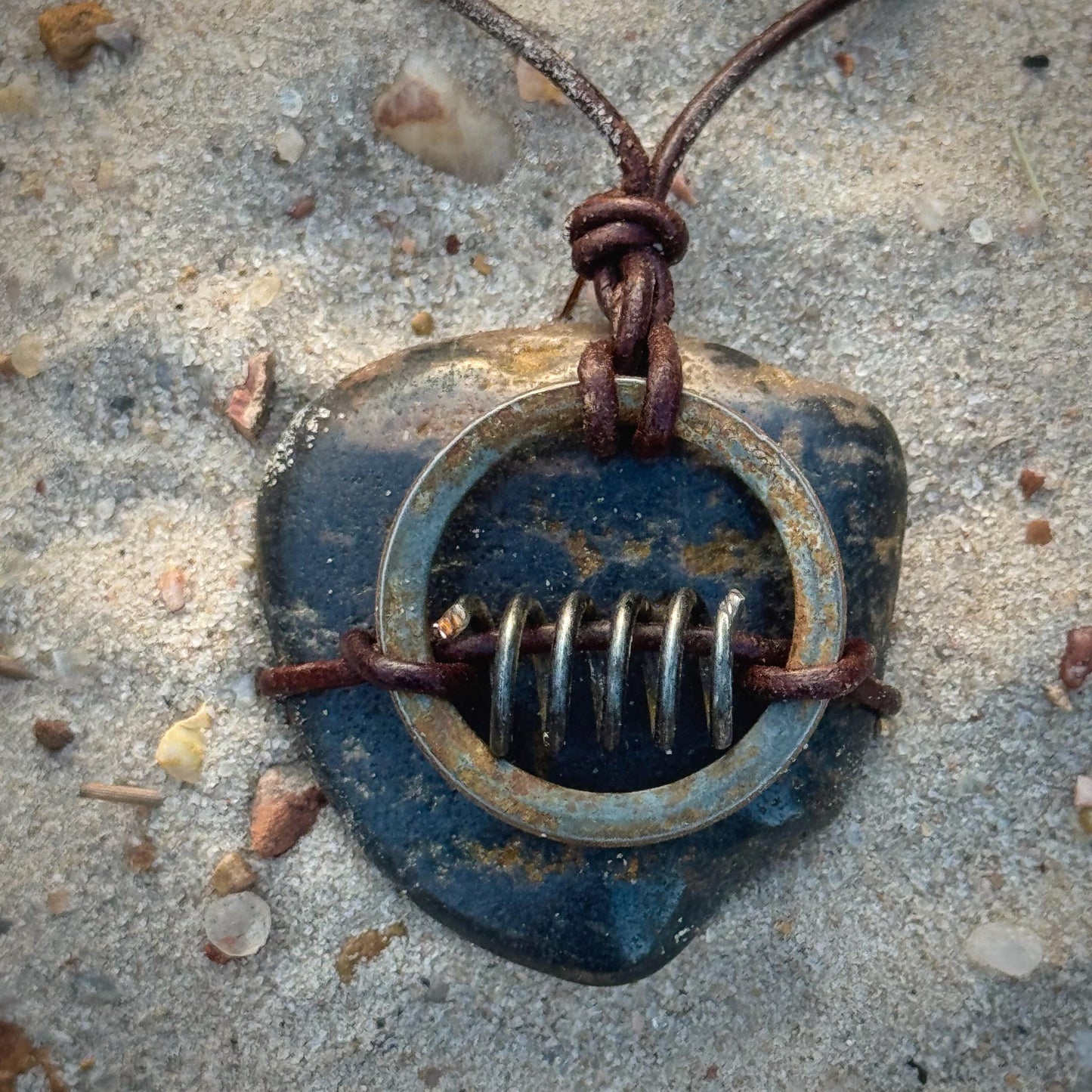 Primitive Wrapped Utah River Rock | Vintage Rusted Metal Parts | Found Object Artifact Industrial Necklace KC Industrial Art & Design