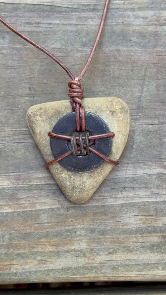 Primitive Alchemy: Colorado River Stone Amulet | Rusted Metal Vintage Found Object Genderless Artifact Jewelry Unisex KC Industrial Art & Design