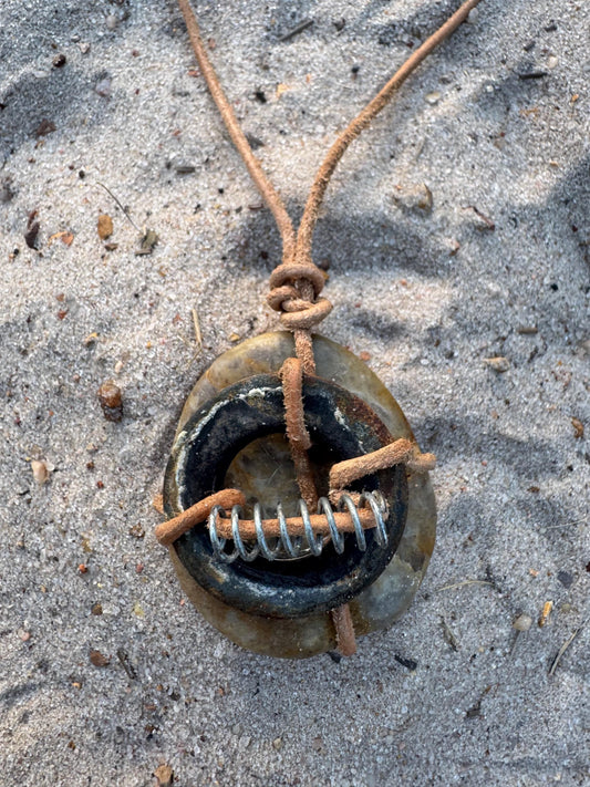 Primitive Alchemy: Blonde Colorado River Stone Amulet | Rusted Metal Vintage Found Object Genderless Artifact Jewelry Unisex KC Industrial Art & Design