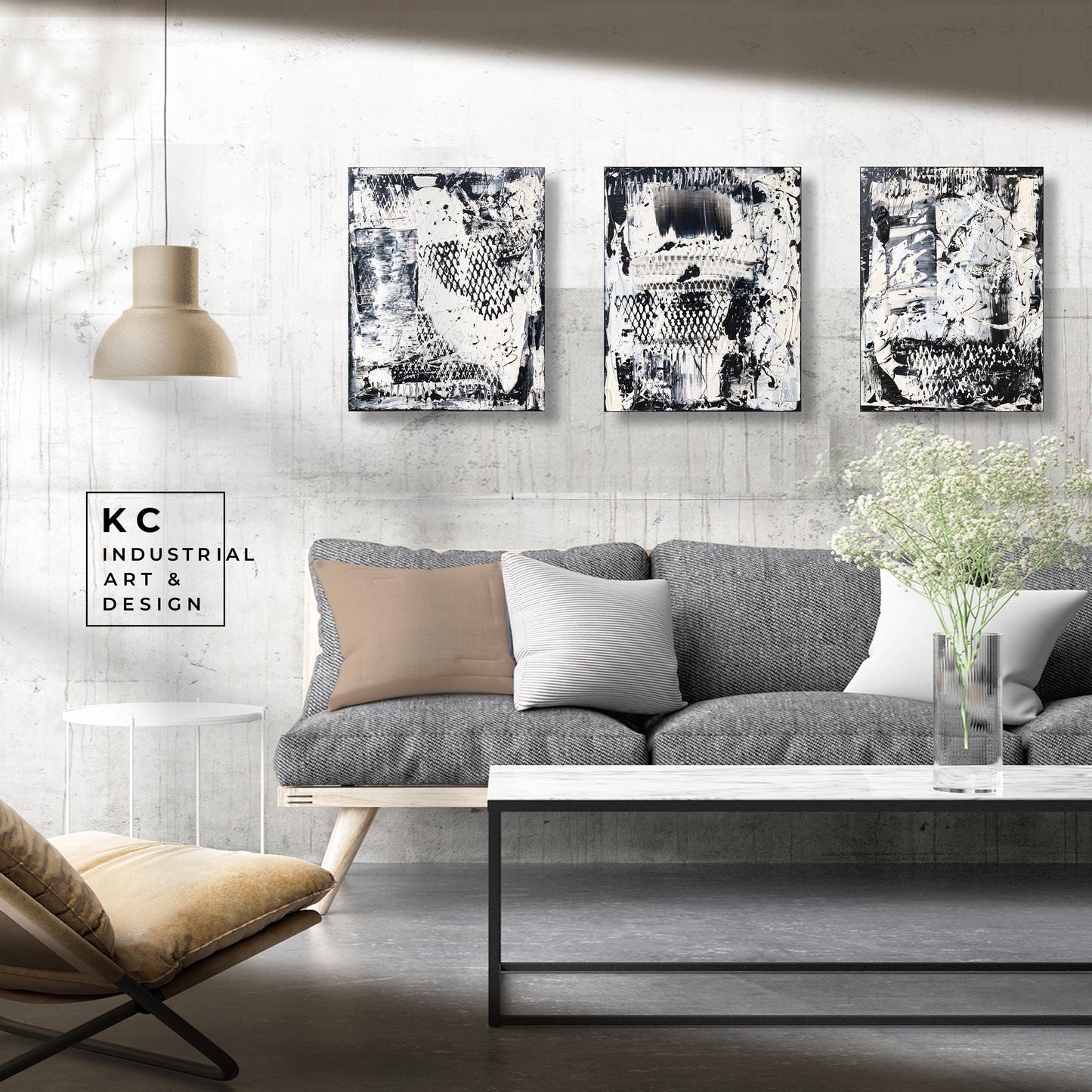 Black and White Industrial Textured Abstract Minimalist Wabi-Sabi Original Painting | Set of Three KC Industrial Art & Design