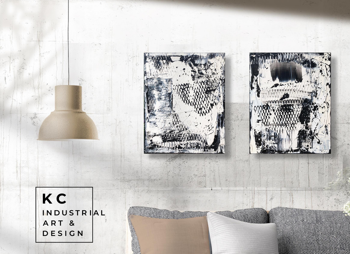 Black and White Industrial Textured Abstract Minimalist Wabi-Sabi Original Painting | Set of Three KC Industrial Art & Design