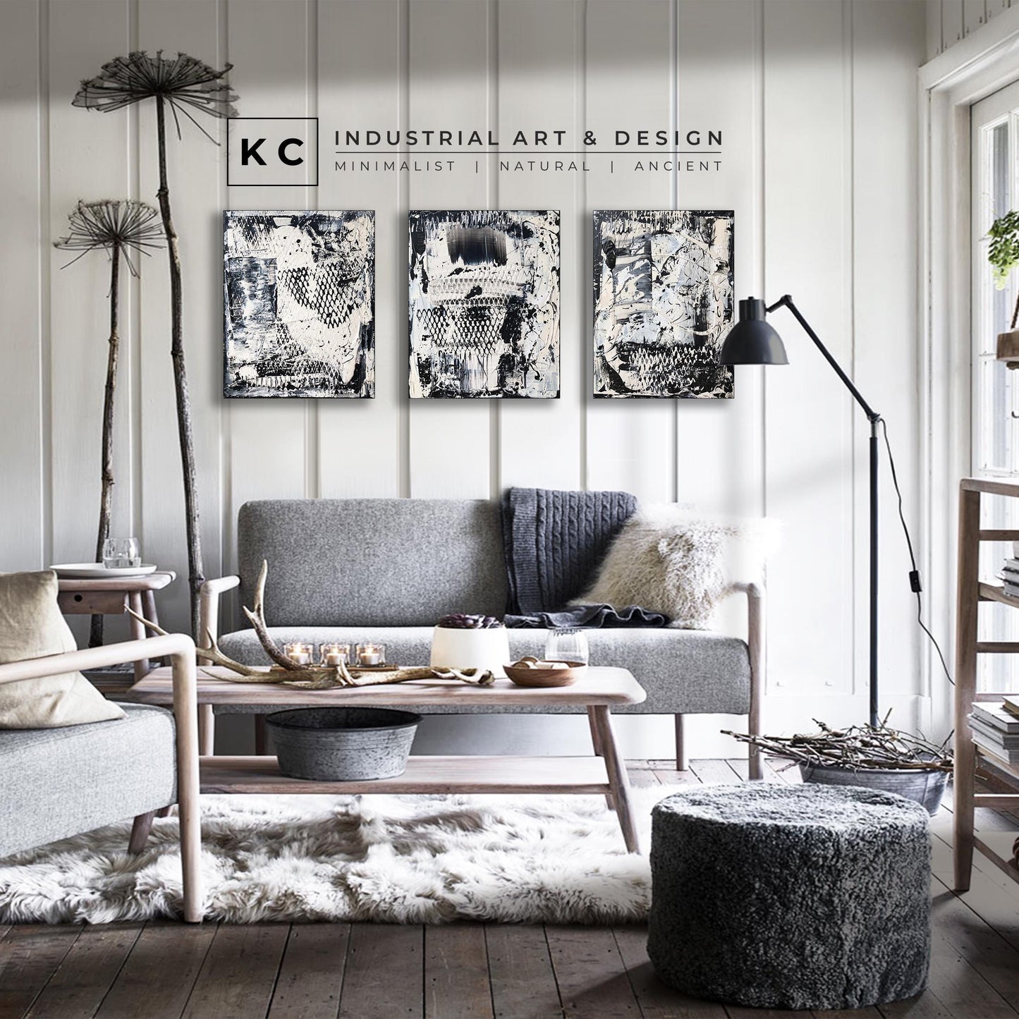 Black and White Industrial Textured Abstract Minimalist Wabi-Sabi Original Painting | Set of Three KC Industrial Art & Design