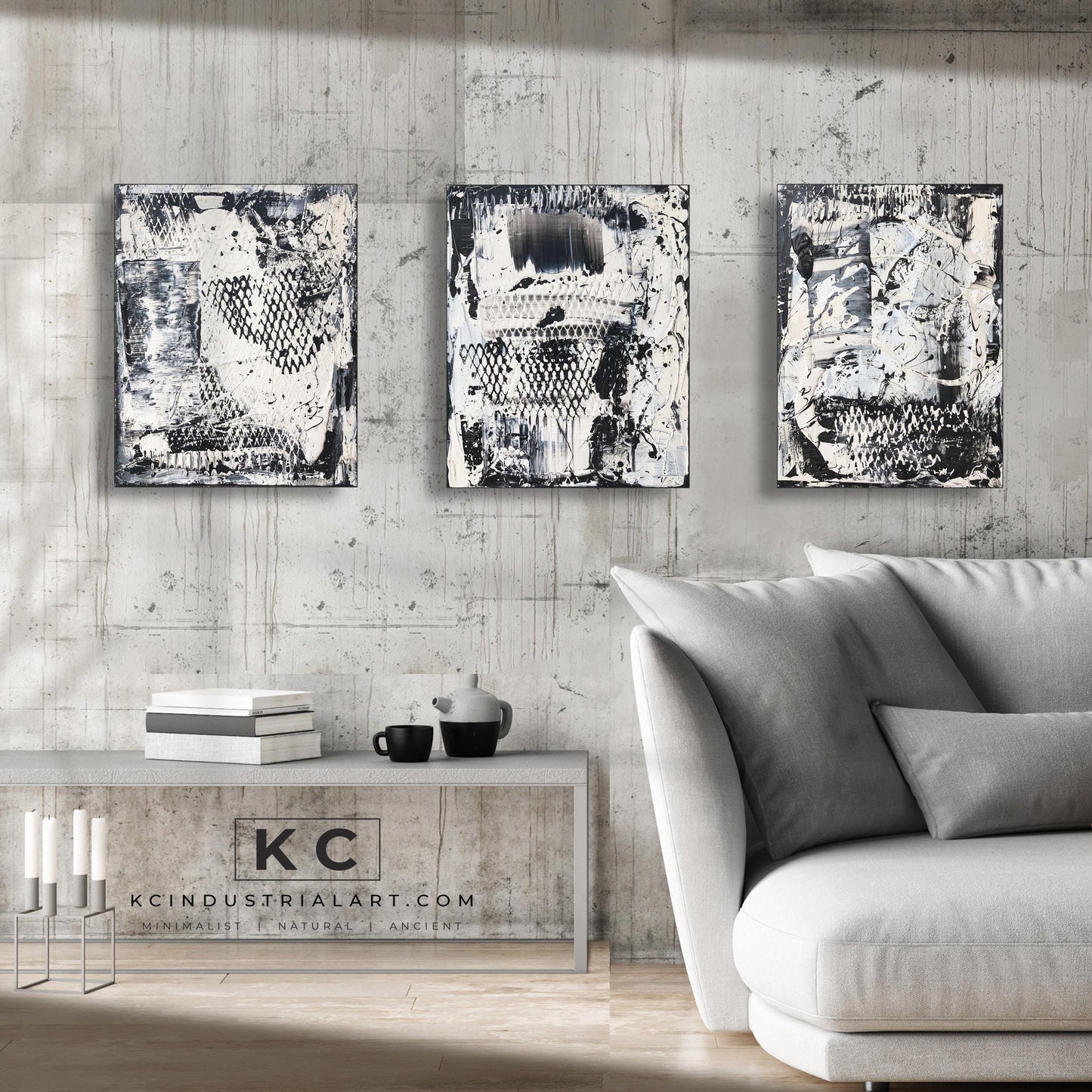 Black and White Industrial Textured Abstract Minimalist Wabi-Sabi Original Painting | Set of Three KC Industrial Art & Design