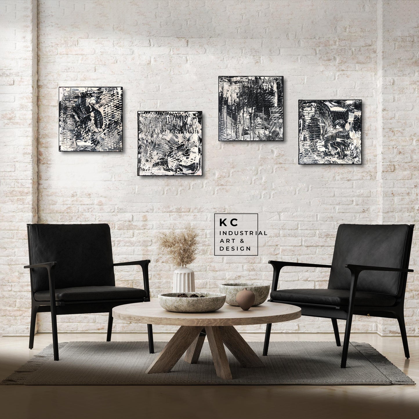Black and White Industrial Textured Abstract Minimalist Wabi-Sabi Original Paintings | Set of Four KC Industrial Art & Design