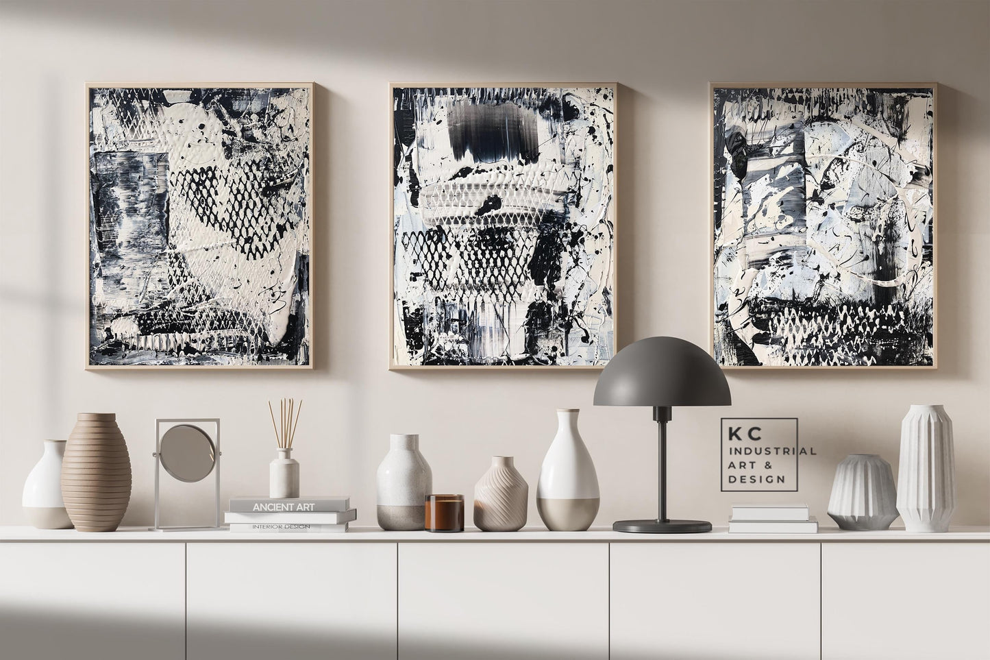 Black and White Industrial Textured Abstract Minimalist Wabi-Sabi Original Painting | Set of Three KC Industrial Art & Design