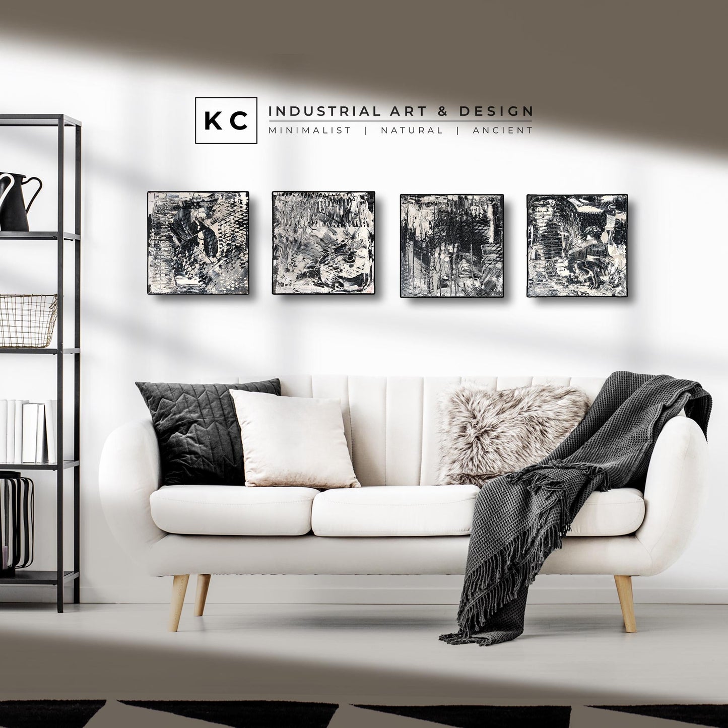 Black and White Industrial Textured Abstract Minimalist Wabi-Sabi Original Paintings | Set of Four KC Industrial Art & Design