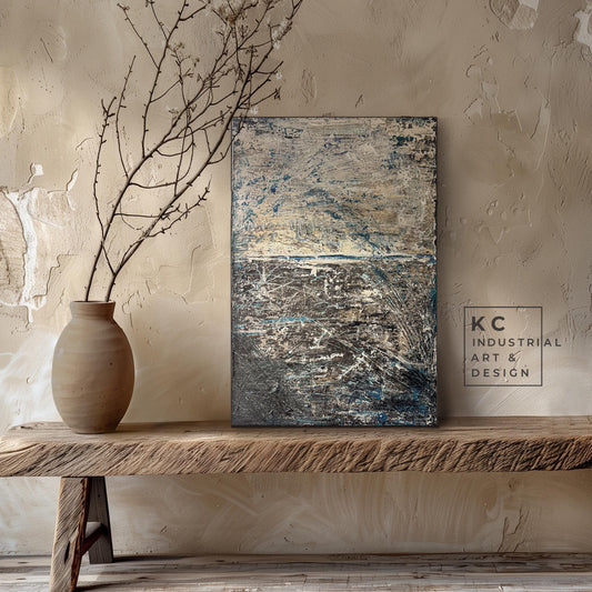 Wabi-Sabi Erratic Earth Scratchings Textured Layers | Abstract Minimalist Brown Beige Blue Turquoise Tan Distressed Artisan Painting KC Industrial Art & Design