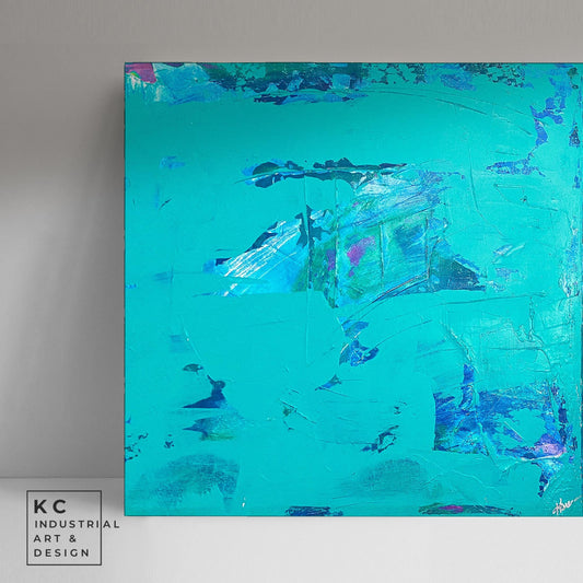 Peeled Paint Teal and Blue Layered Textured Original Abstract Painting | Acrylic on Canvas KC Industrial Art & Design