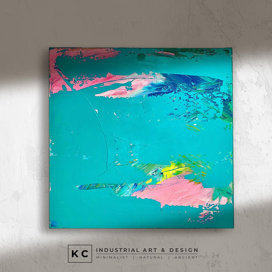 Peeled Paint Birthday Cake Pink Orange Teal and Blue Layered Textured Original Abstract Painting | Acrylic on Canvas KC Industrial Art & Design