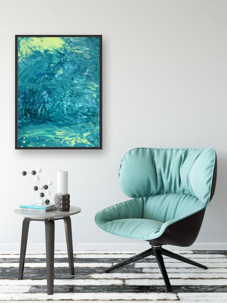 Original Abstract Painting | Blue, Aqua, Lime Green Coastal Bright Acrylic Paint | Real Paint, Real Canvas Real Art KC Industrial Art & Design