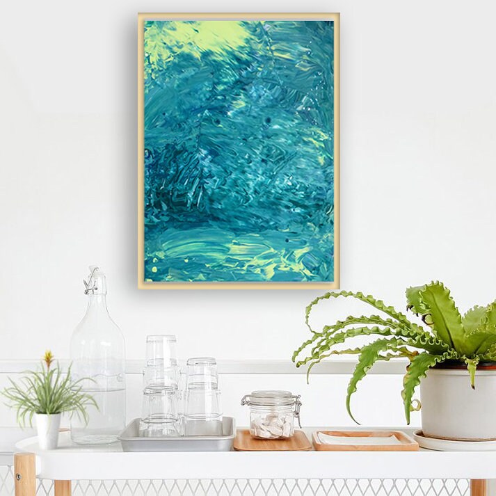 Original Abstract Painting | Blue, Aqua, Lime Green Coastal Bright Acrylic Paint | Real Paint, Real Canvas Real Art KC Industrial Art & Design
