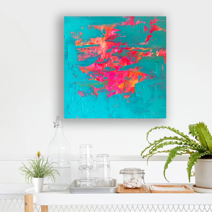 Original Abstract Painting with Bright Neon Teal, Orange, Pink Peeled Paint Textures | Real Paint. Real Canvas. Real Art.