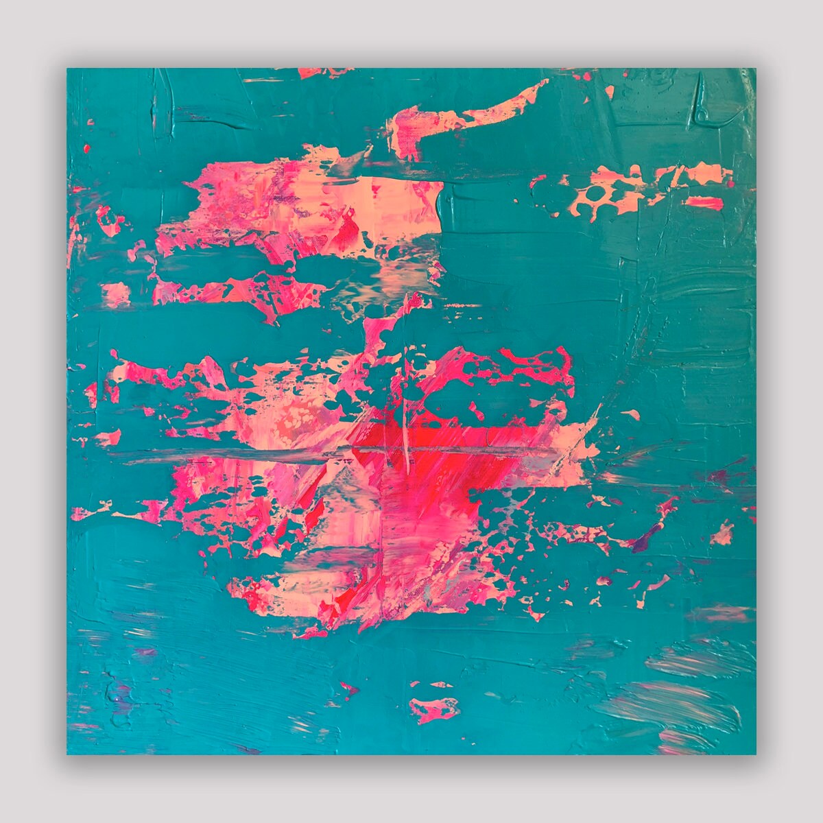 Original Abstract Painting with Bright Neon Teal, Orange, Pink Peeled Paint Textures | Real Paint. Real Canvas. Real Art.