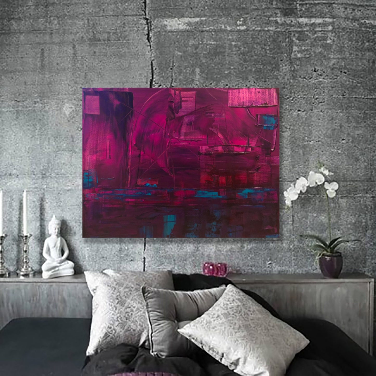 Original Abstract Painting | Vibrant Purple Aqua Blue Silver Industrial Contemporary Modern Art on Canvas