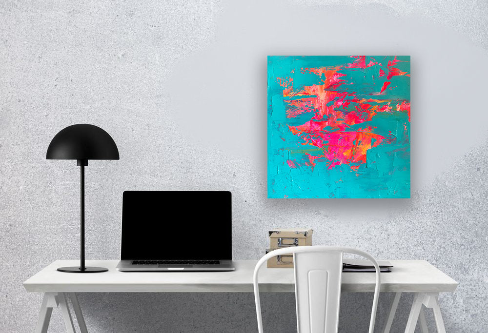 Original Abstract Painting with Bright Neon Teal, Orange, Pink Peeled Paint Textures | Real Paint. Real Canvas. Real Art.