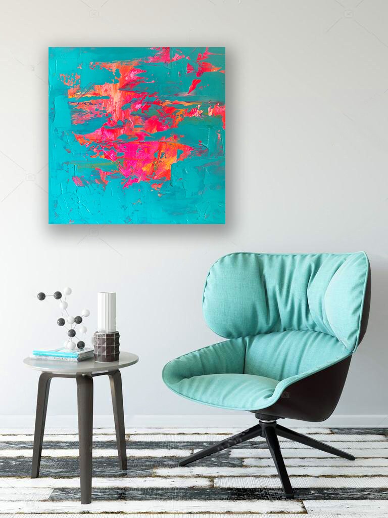 Original Abstract Painting with Bright Neon Teal, Orange, Pink Peeled Paint Textures | Real Paint. Real Canvas. Real Art.