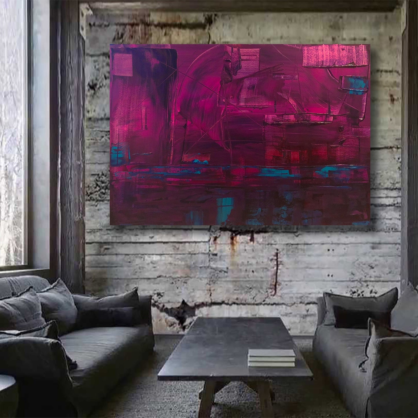 Original Abstract Painting | Vibrant Purple Aqua Blue Silver Industrial Contemporary Modern Art on Canvas