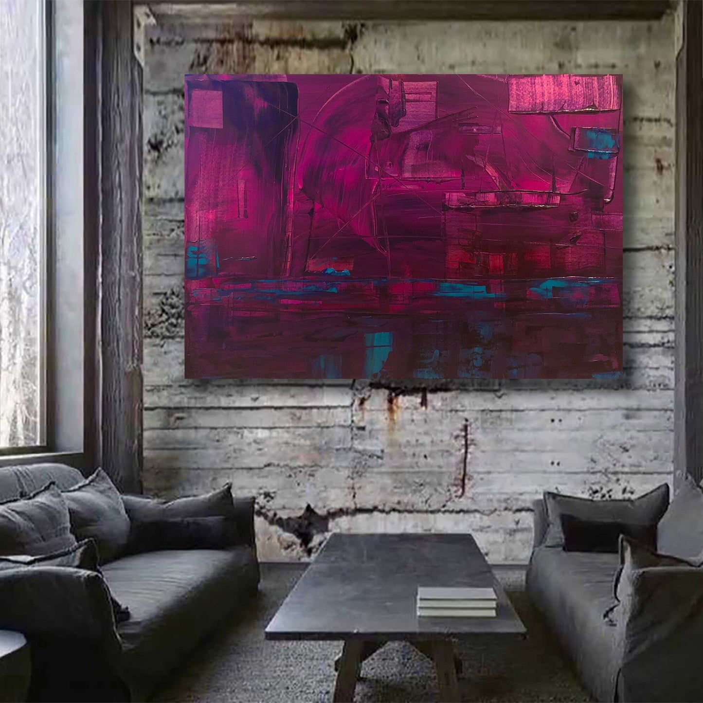 Original Abstract Textured Painting | Colorful Purple Magenta Blue Silver | Industrial Contemporary Modern Art KC Industrial Art & Design