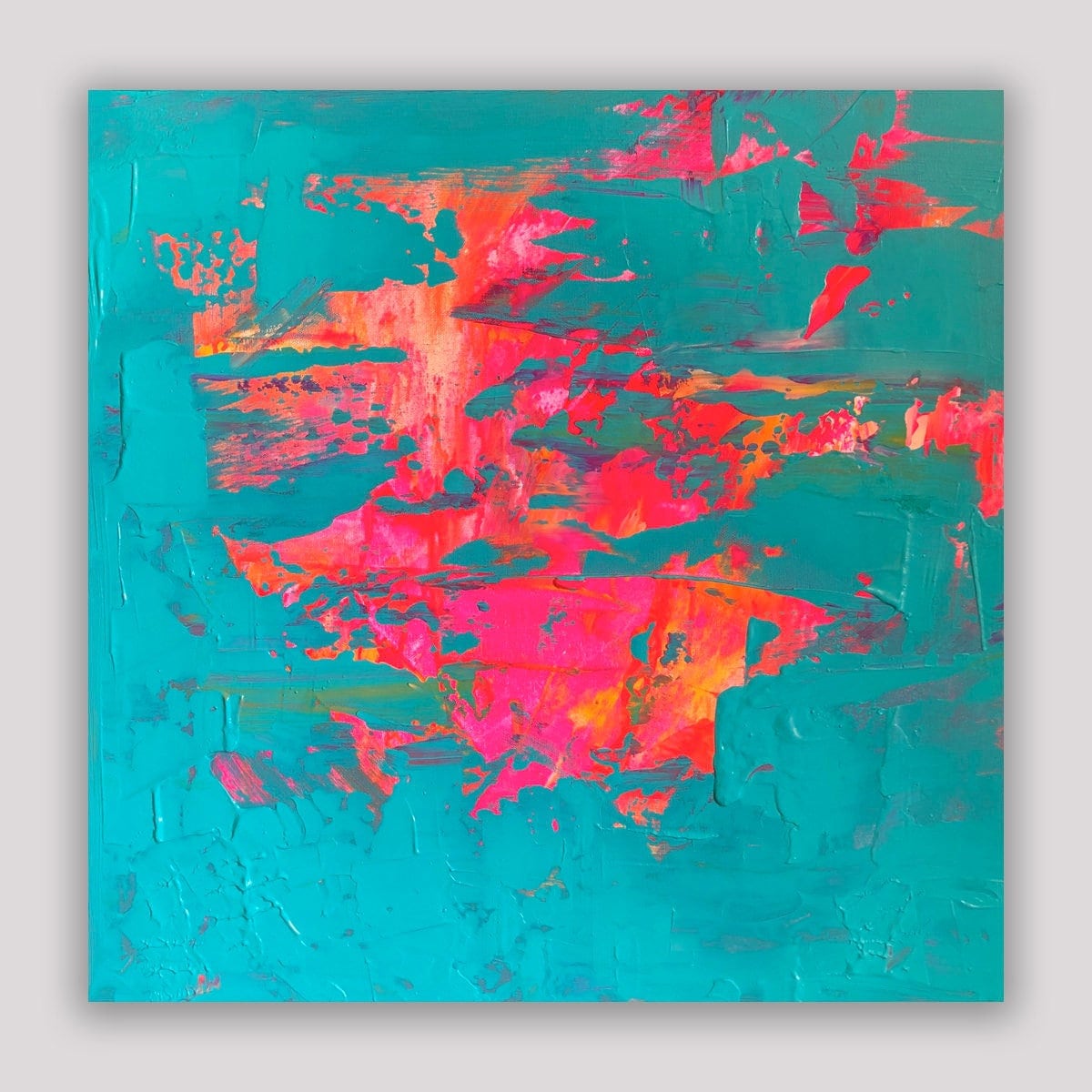 Original Abstract Painting with Bright Neon Teal, Orange, Pink Peeled Paint Textures | Real Paint. Real Canvas. Real Art.