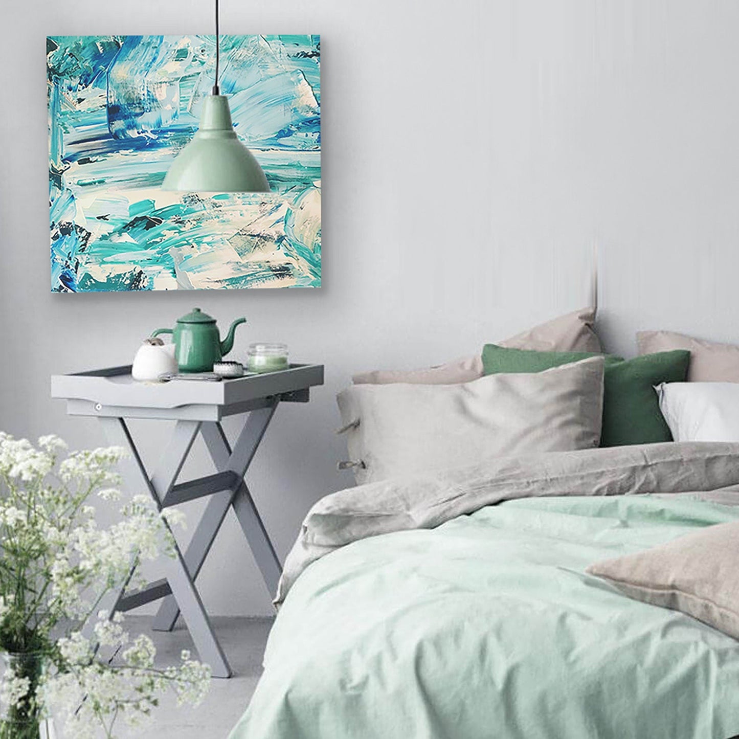 Original Abstract Painting | Blue, Aqua, Turquoise, Mint Green and White Coastal Farmhouse Contemporary Style KC Industrial Art & Design