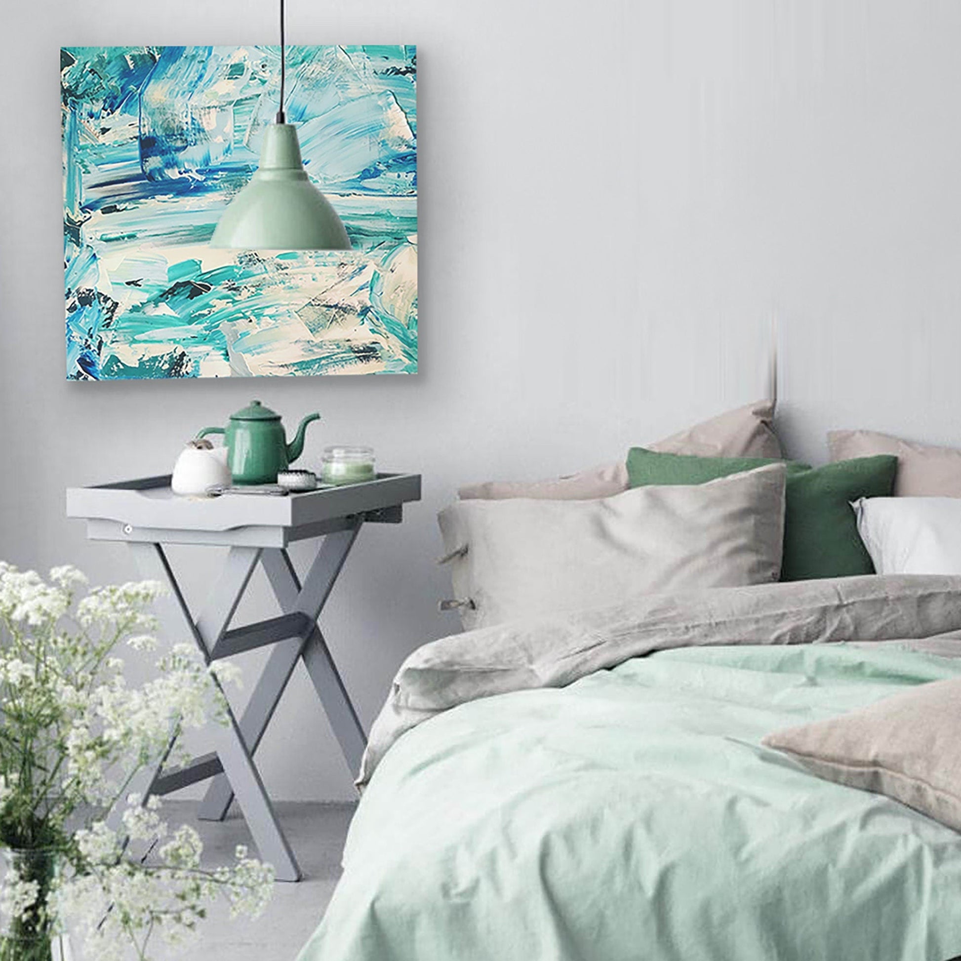 Original Abstract Painting | Blue, Aqua, Turquoise, Mint Green and White Coastal Farmhouse Contemporary Style KC Industrial Art & Design