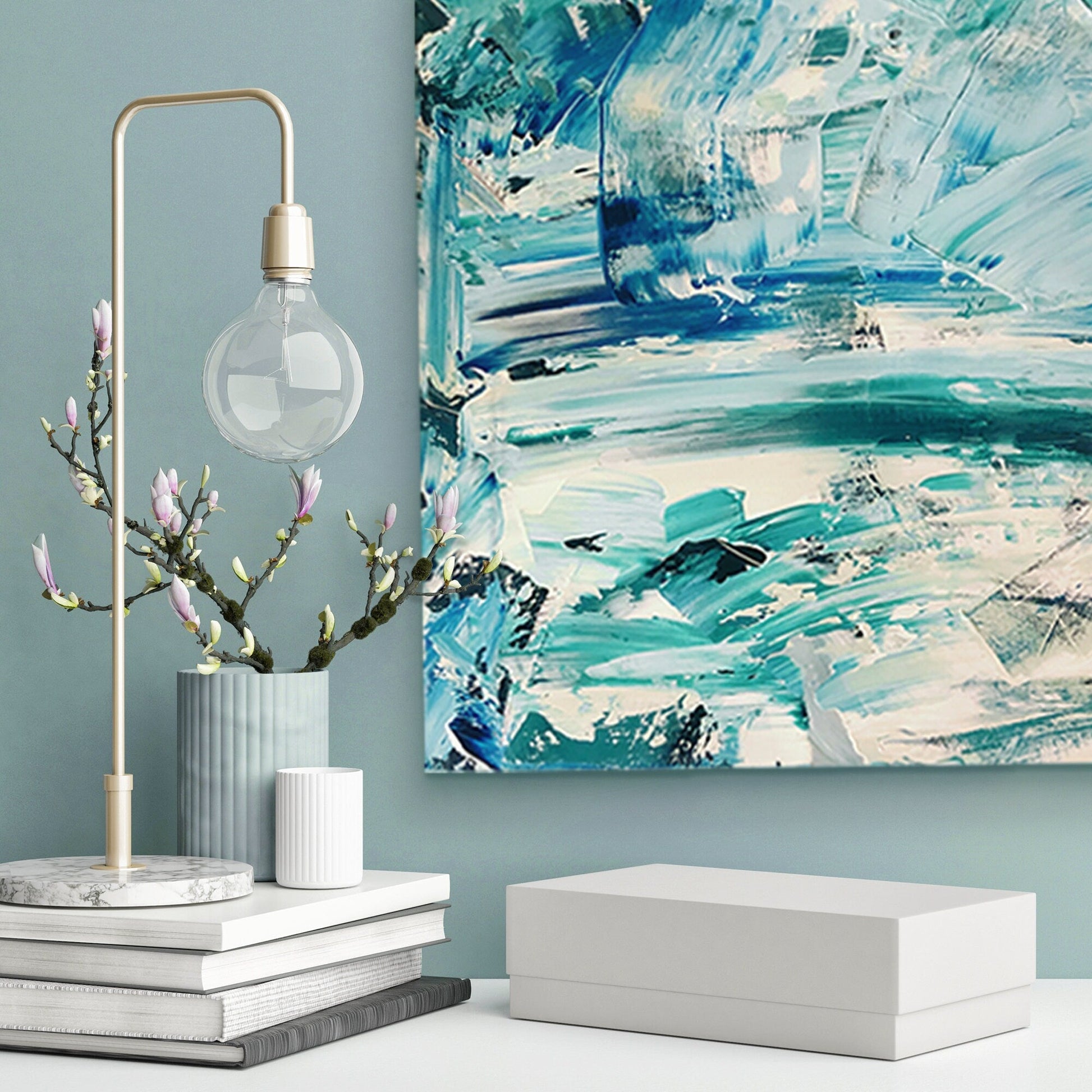 Original Abstract Painting | Blue, Aqua, Turquoise, Mint Green and White Coastal Farmhouse Contemporary Style KC Industrial Art & Design