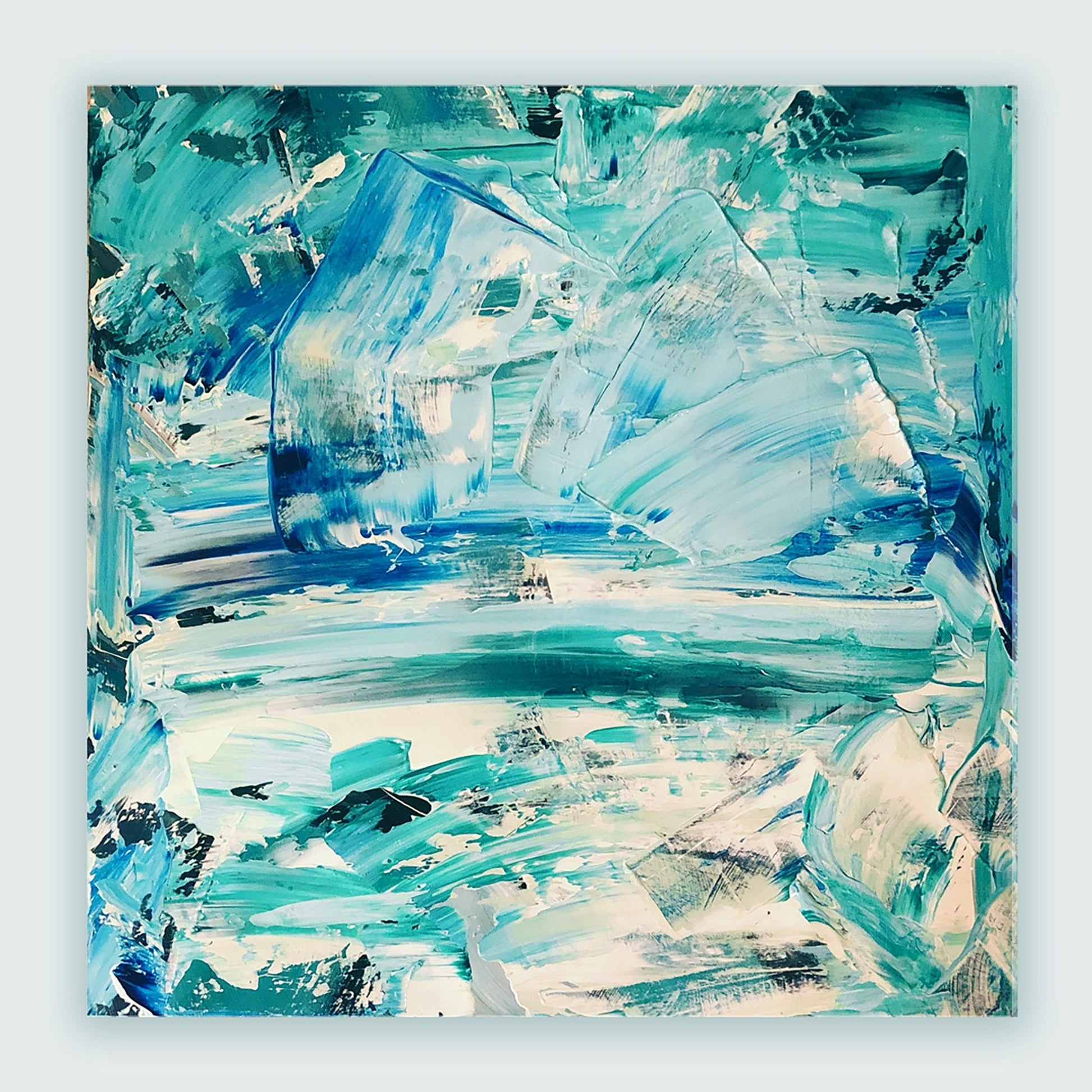 Original Abstract Painting | Blue, Aqua, Turquoise, Mint Green and White Coastal Farmhouse Contemporary Style KC Industrial Art & Design