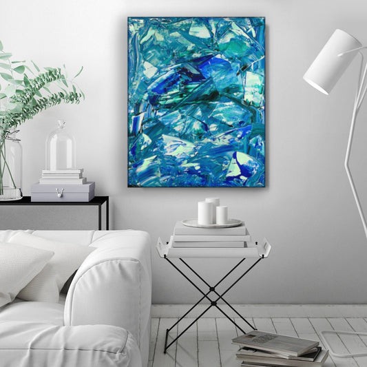 Original Abstract Blue Mint Green Bright Colorful Textured Contemporary Modern Real Canvas Painting