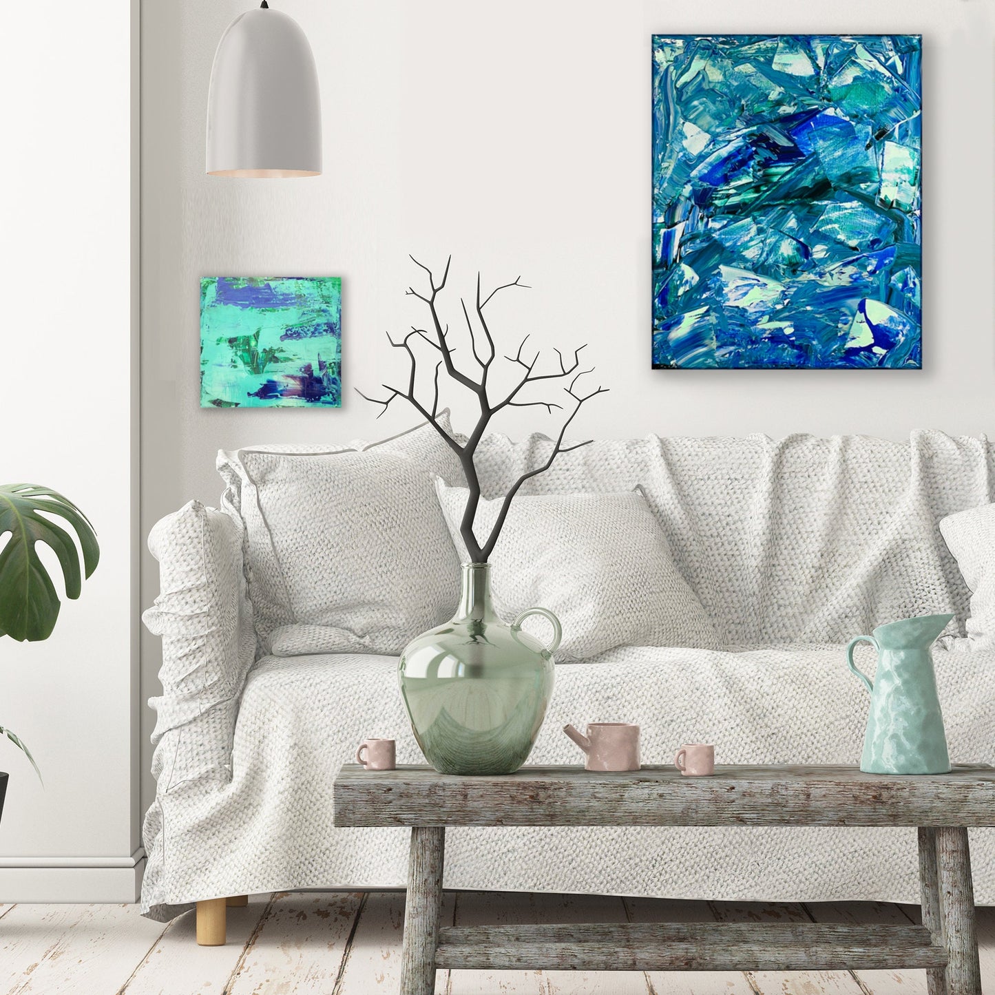 Original Abstract Blue Mint Green Bright Colorful Textured Contemporary Modern Real Canvas Painting