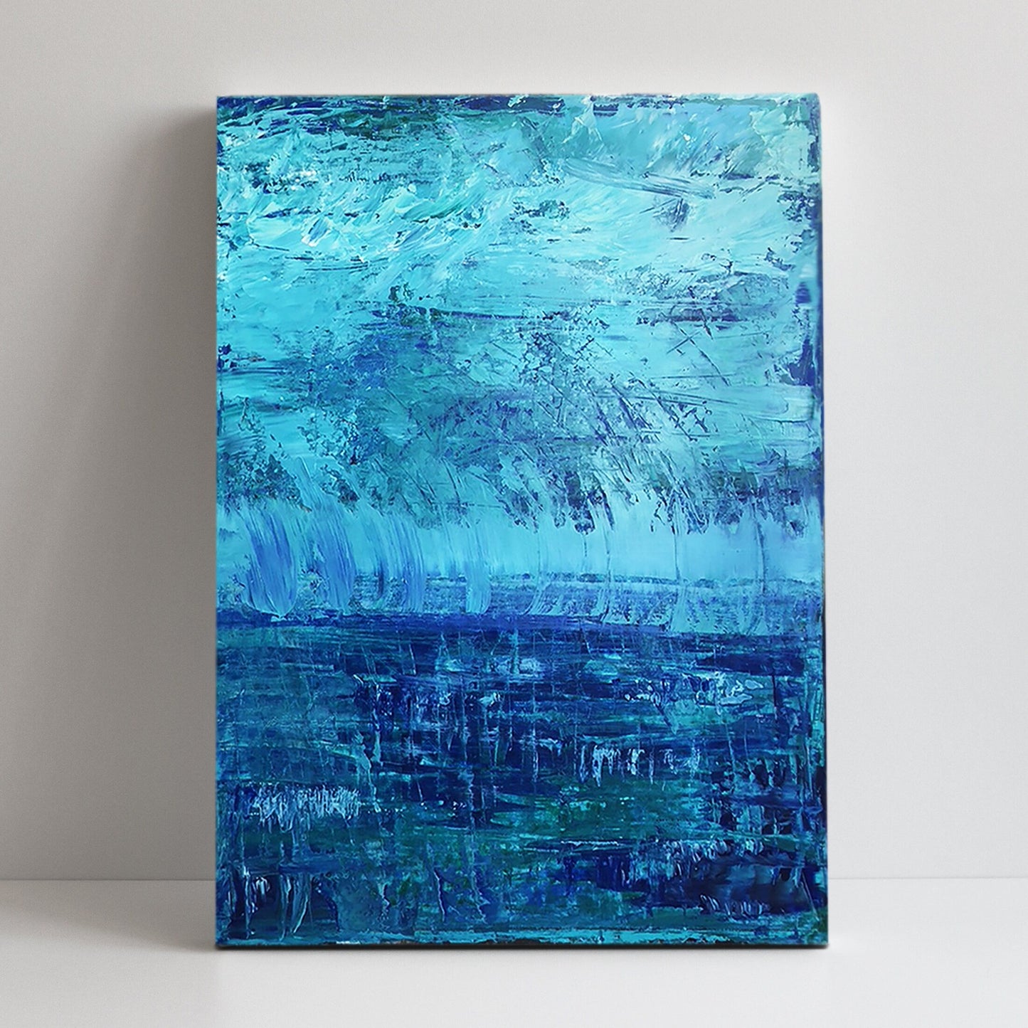 Original Abstract Painting Blue Storm | Art on Canvas | Teal | Aqua | Green | Thunder | Rain | Fresh | Texture | Layered Contemporary Modern KC Industrial Art & Design