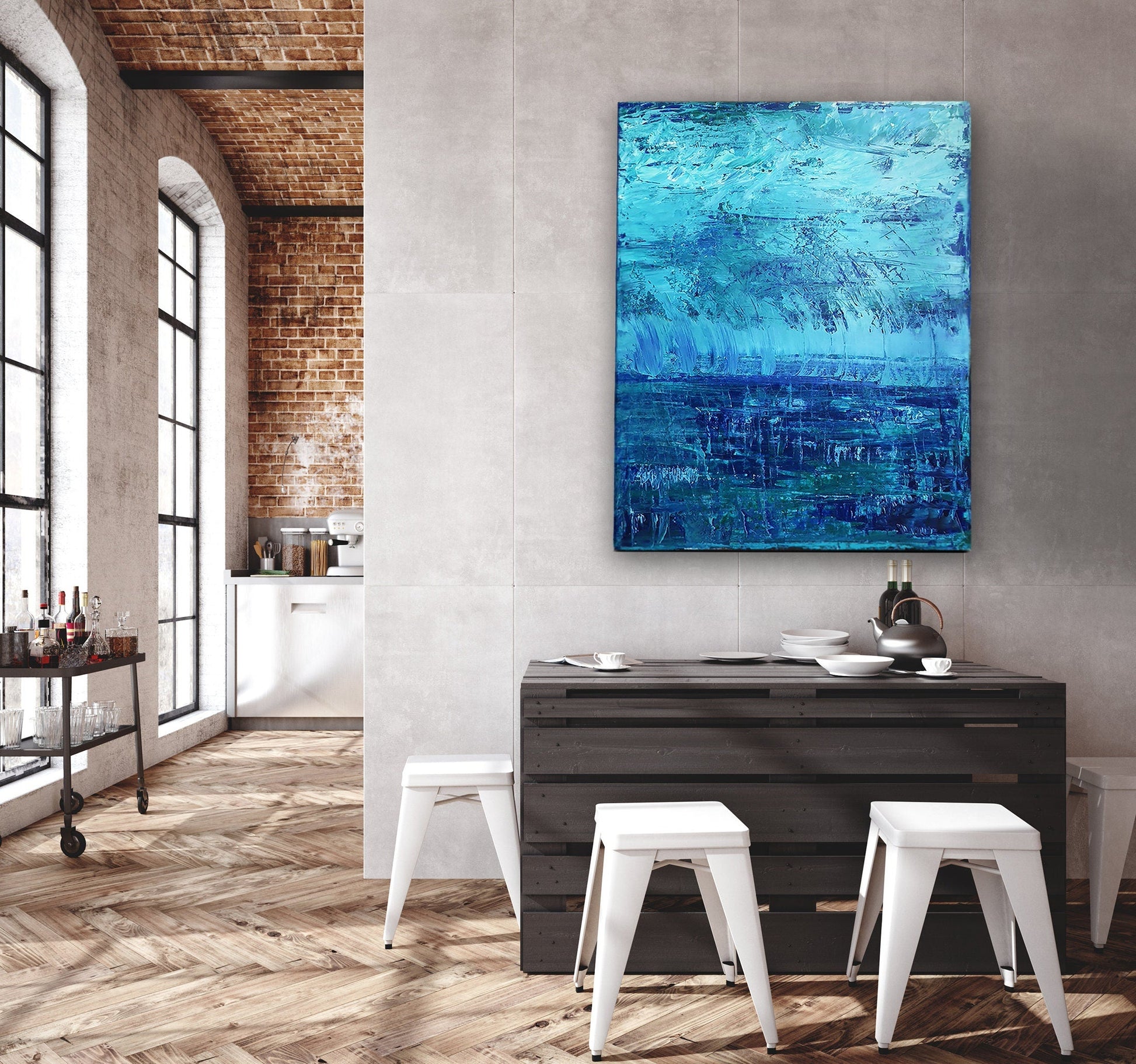 Original Abstract Painting Blue Storm | Art on Canvas | Teal | Aqua | Green | Thunder | Rain | Fresh | Texture | Layered Contemporary Modern KC Industrial Art & Design