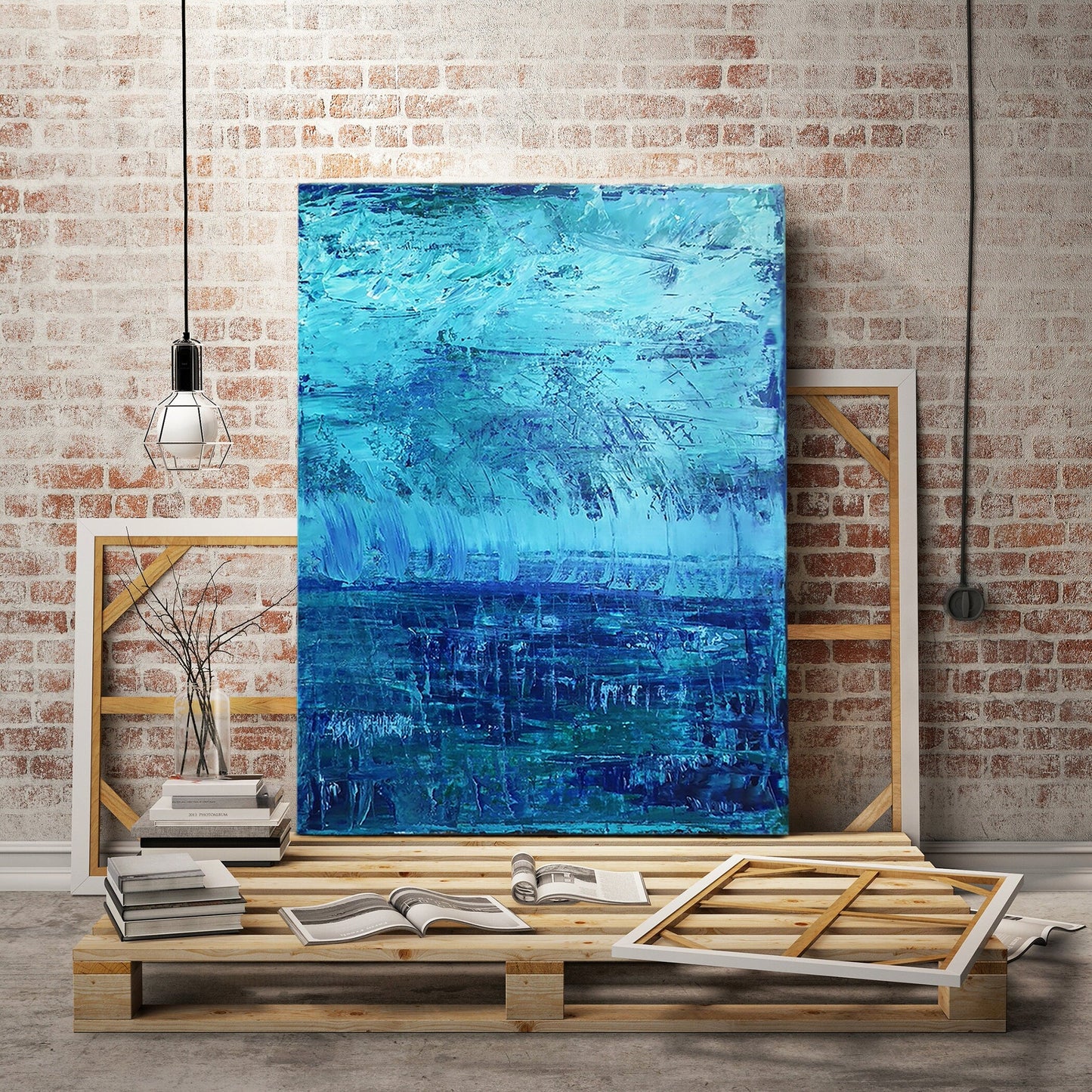 Original Abstract Painting Blue Storm | Art on Canvas | Teal | Aqua | Green | Thunder | Rain | Fresh | Texture | Layered Contemporary Modern KC Industrial Art & Design
