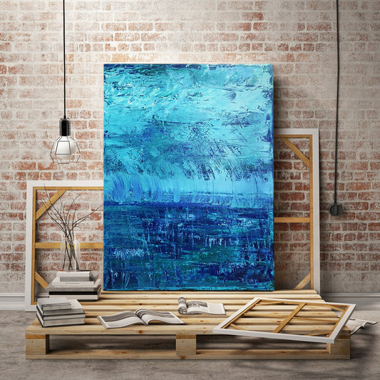Original Abstract Painting Blue Storm | Art on Canvas | Teal | Aqua | Green | Thunder | Rain | Fresh | Texture | Layered Contemporary Modern KC Industrial Art & Design