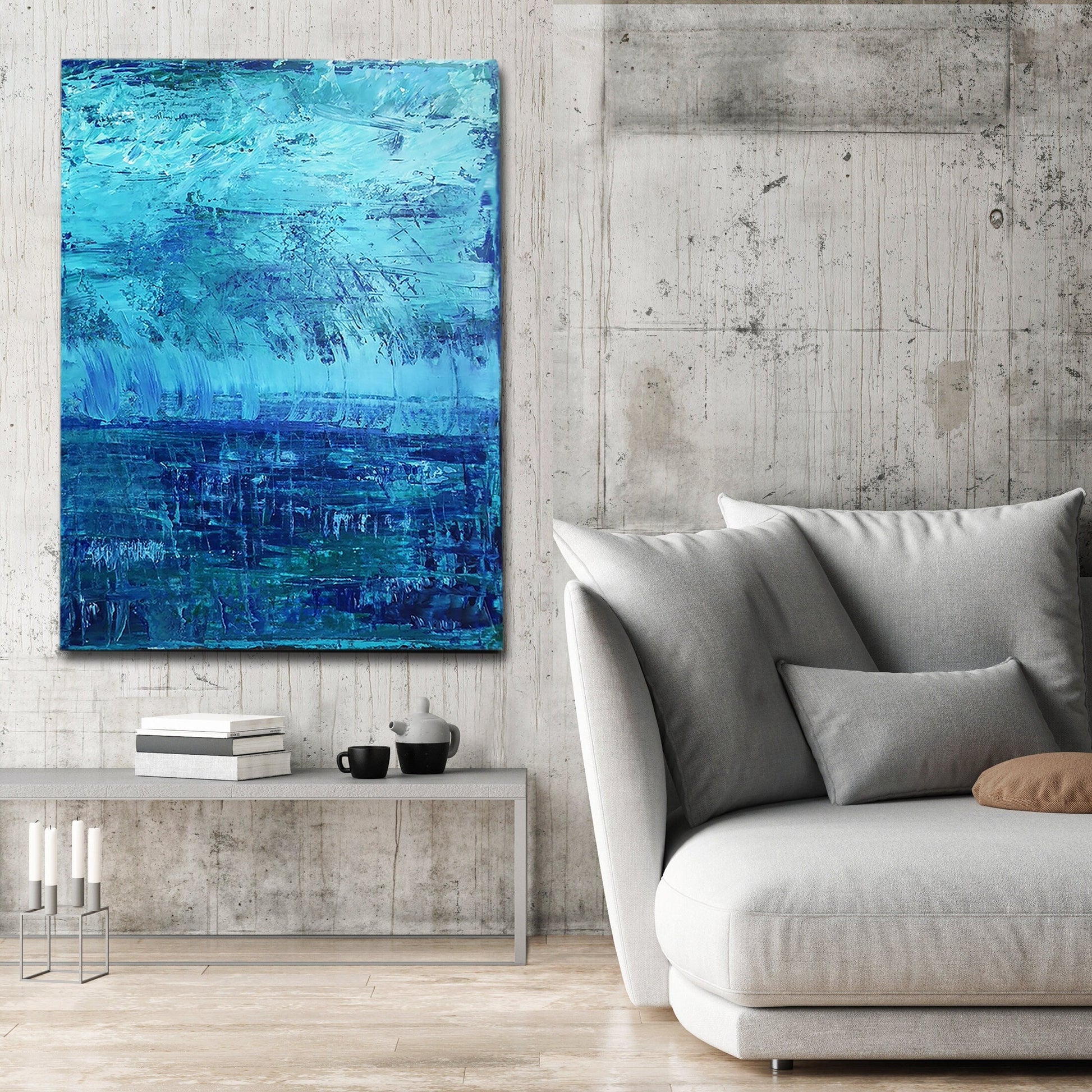Original Abstract Painting Blue Storm | Art on Canvas | Teal | Aqua | Green | Thunder | Rain | Fresh | Texture | Layered Contemporary Modern KC Industrial Art & Design