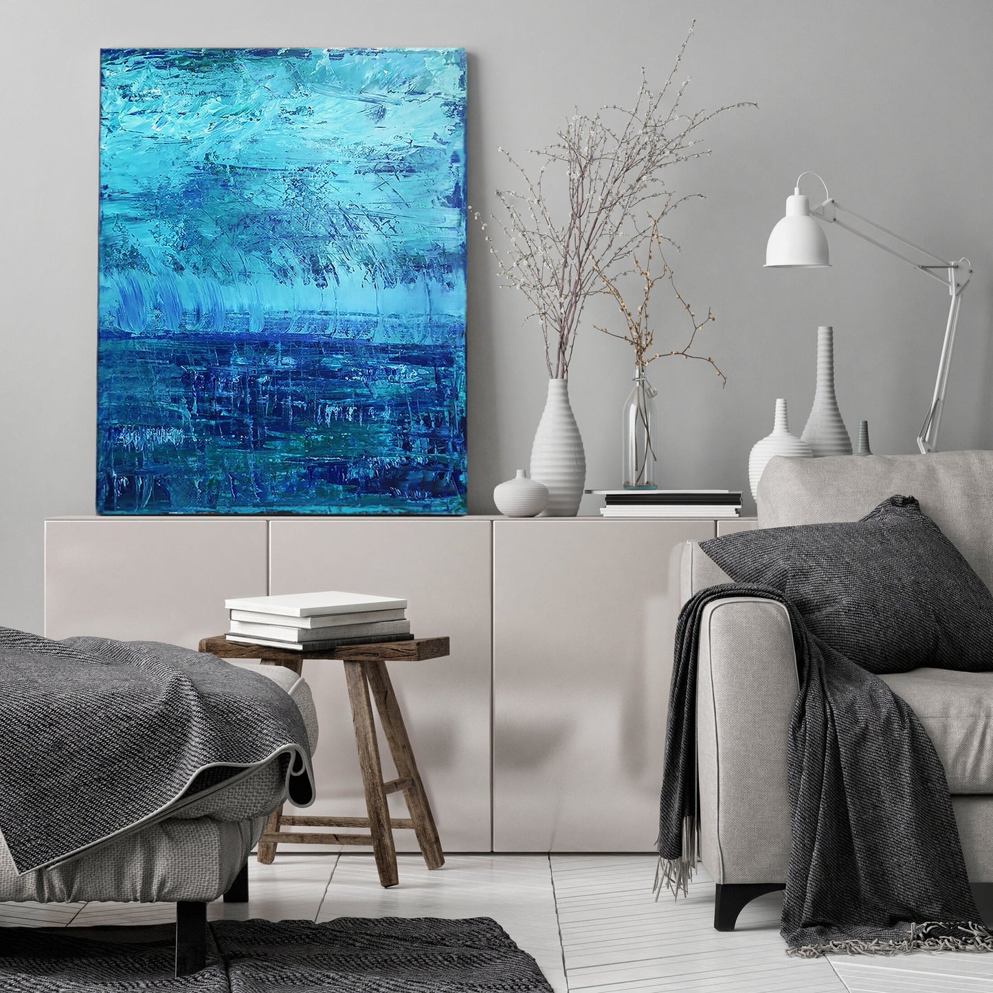 Original Abstract Painting Blue Storm | Art on Canvas | Teal | Aqua | Green | Thunder | Rain | Fresh | Texture | Layered Contemporary Modern