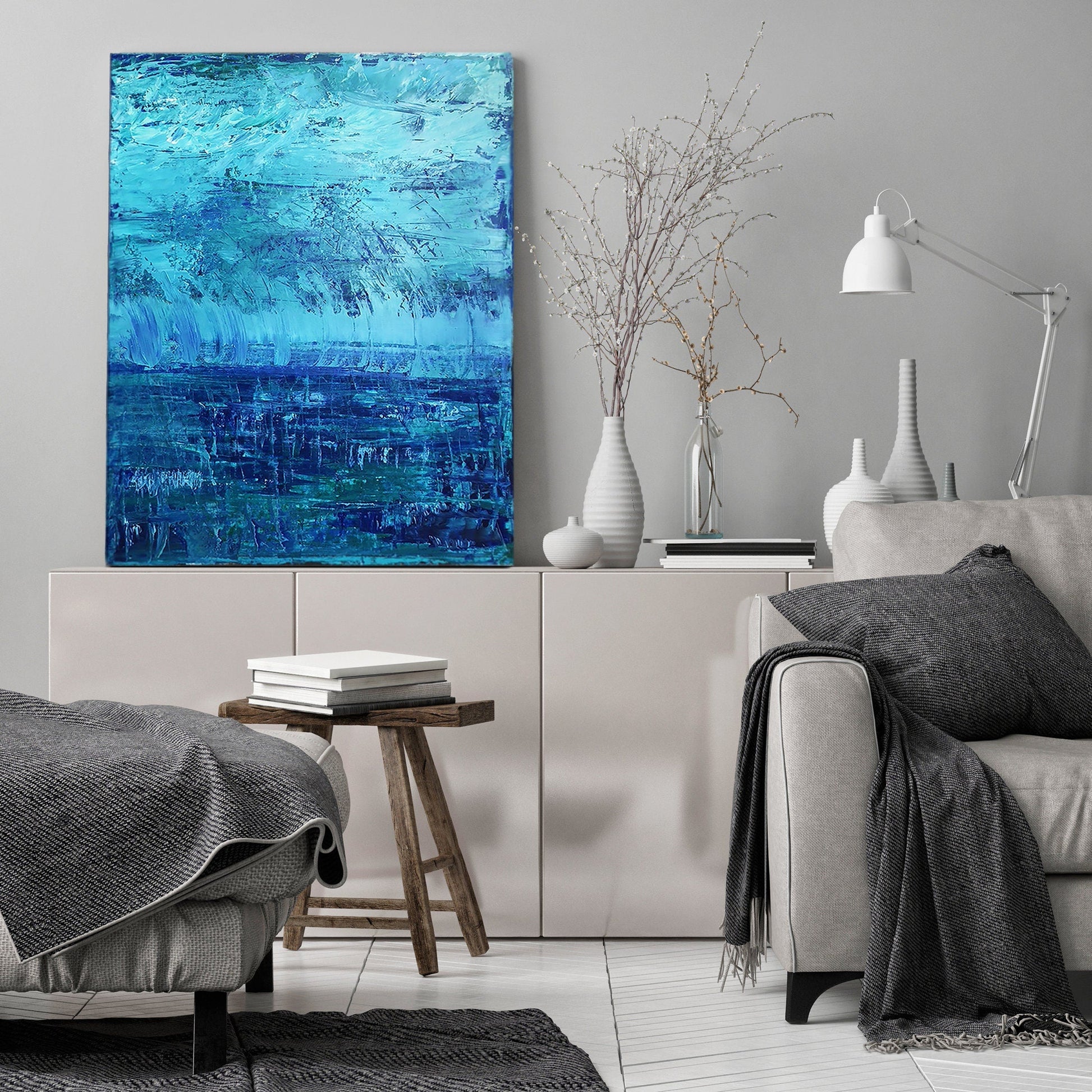 Original Abstract Painting Blue Storm | Art on Canvas | Teal | Aqua | Green | Thunder | Rain | Fresh | Texture | Layered Contemporary Modern KC Industrial Art & Design