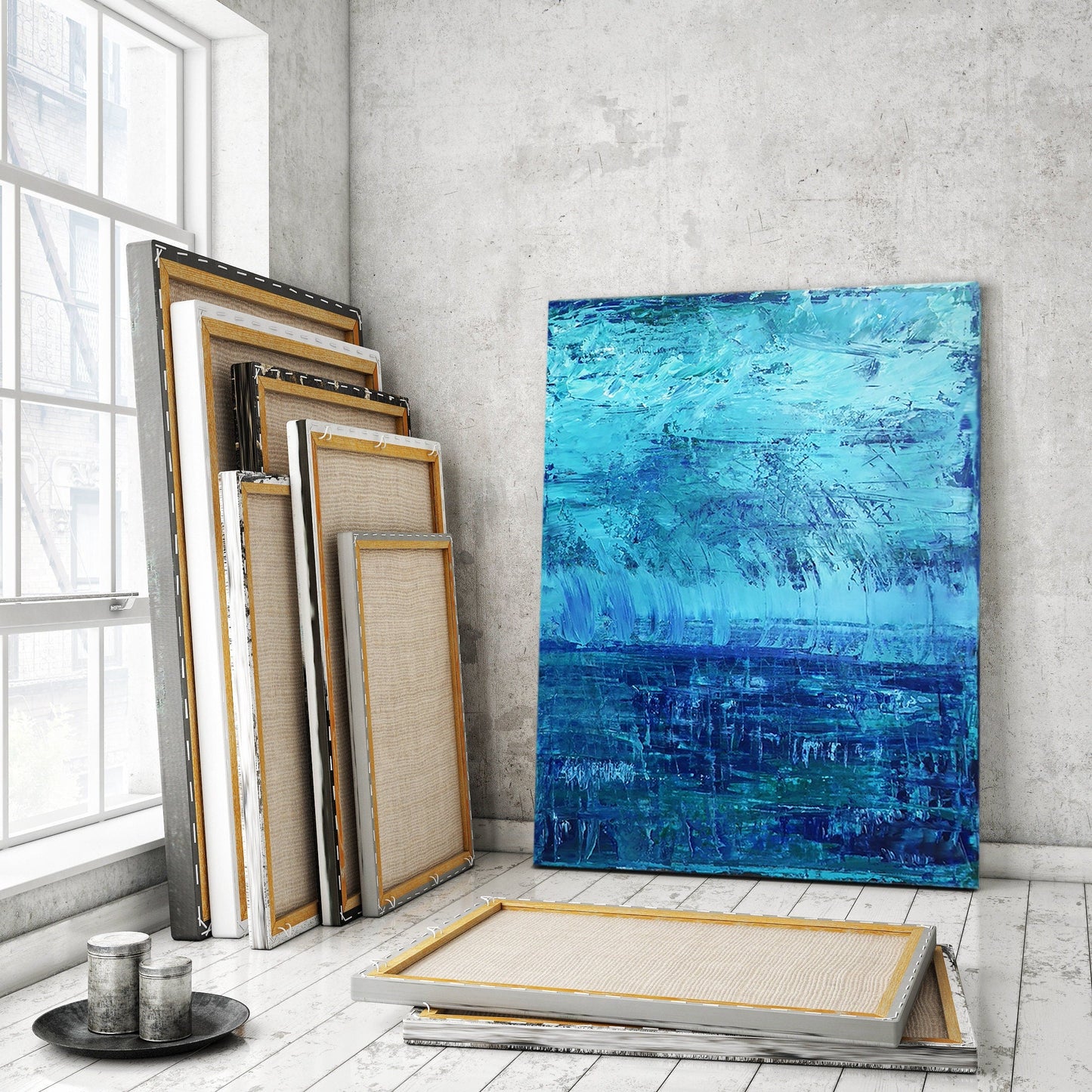 Original Abstract Painting Blue Storm | Art on Canvas | Teal | Aqua | Green | Thunder | Rain | Fresh | Texture | Layered Contemporary Modern KC Industrial Art & Design