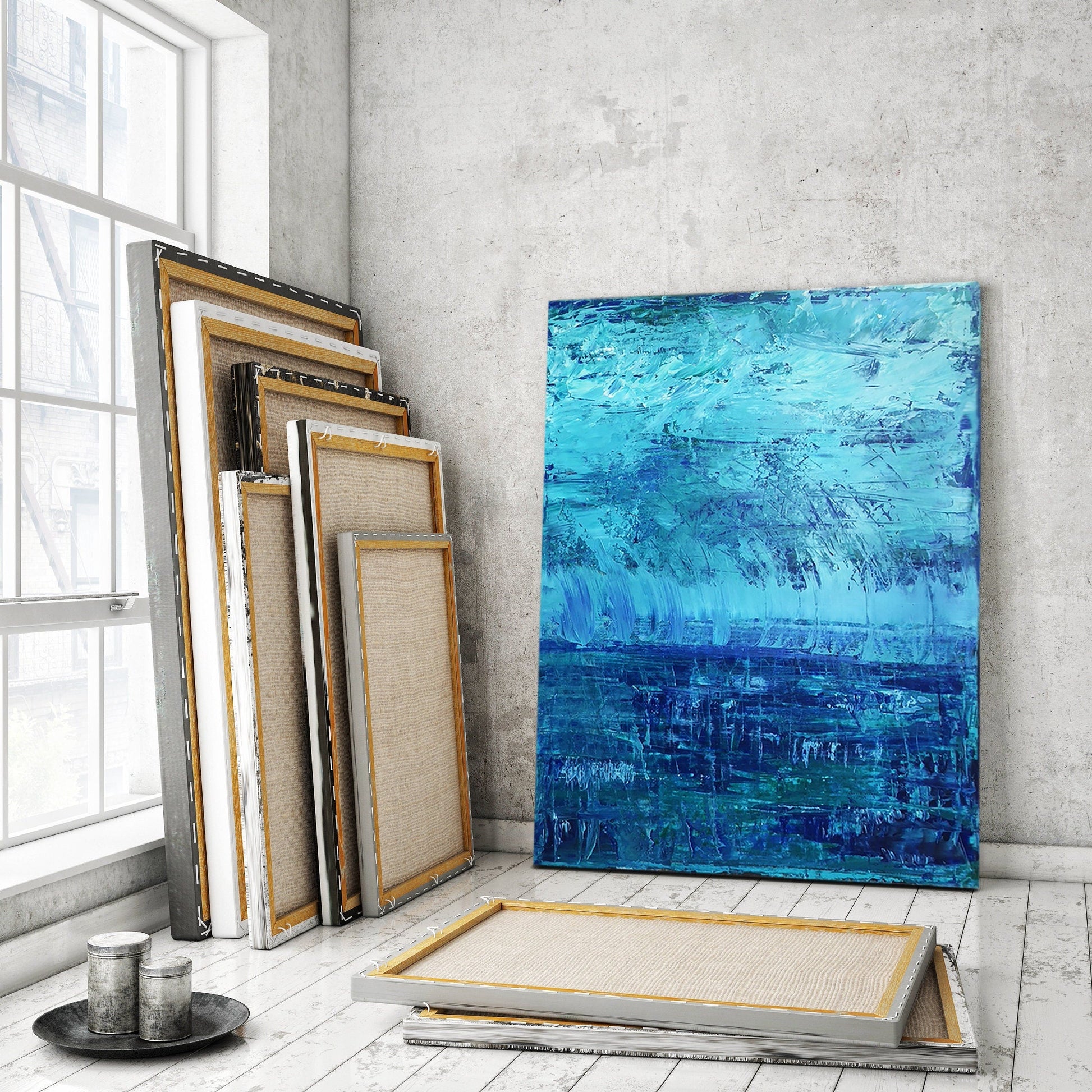 Original Abstract Painting Blue Storm | Art on Canvas | Teal | Aqua | Green | Thunder | Rain | Fresh | Texture | Layered Contemporary Modern KC Industrial Art & Design