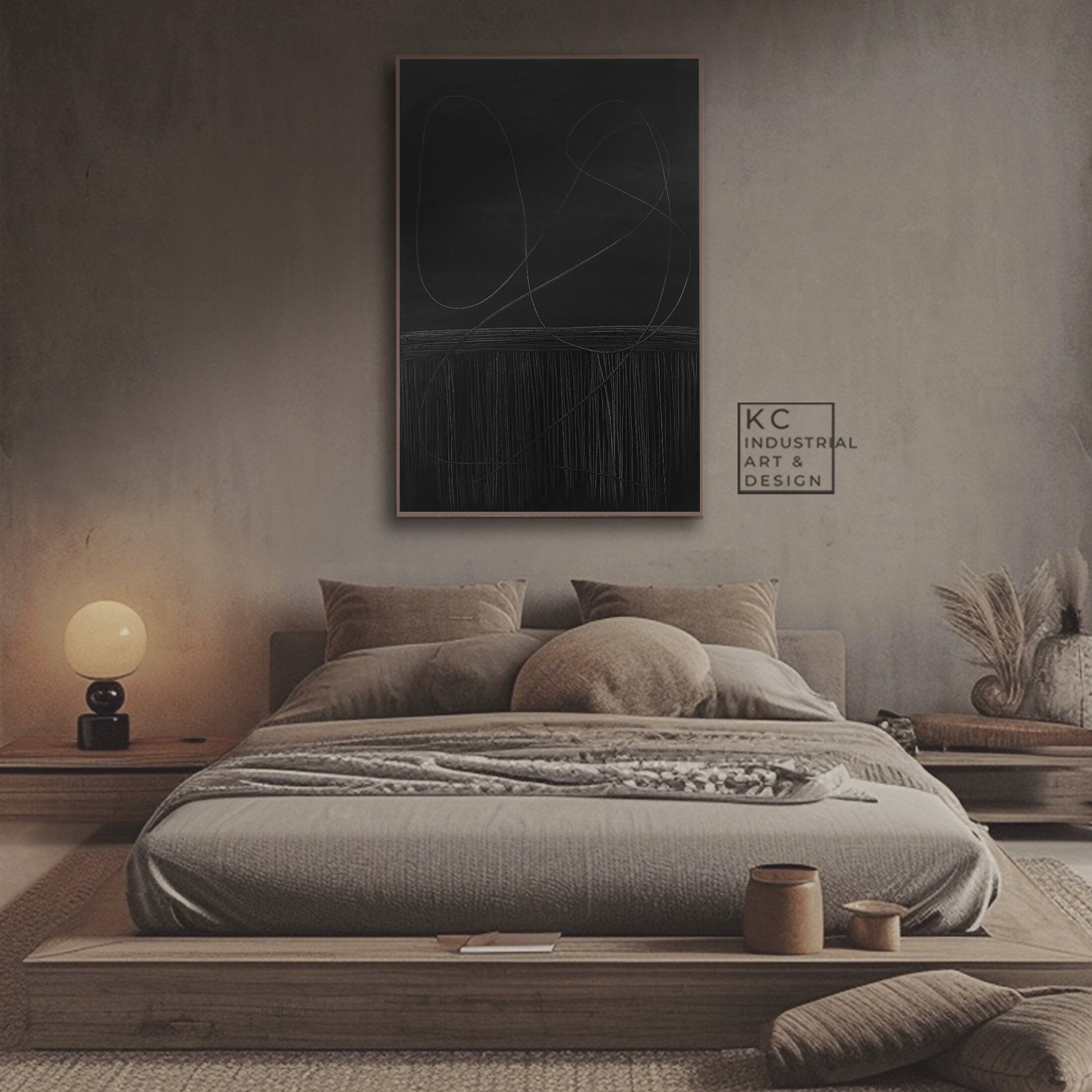 Abstract Minimalist Primitive Ancient Japandi Wabi-Sabi Style Original Abstract Art | Charcoal Gray Black KC Industrial Art & Design