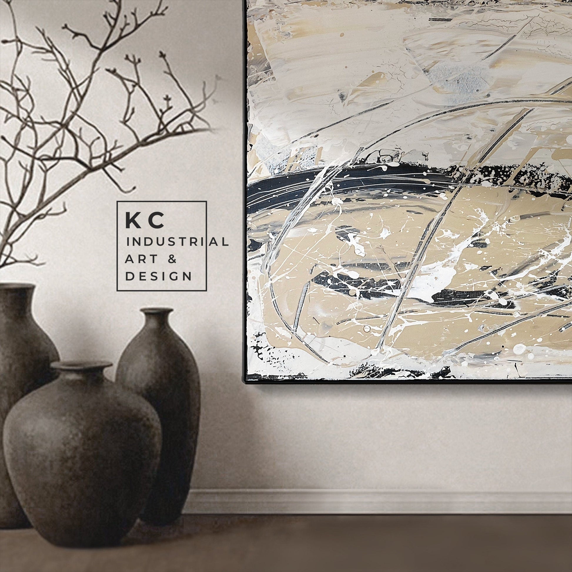 Black and Beige | Textured |Abstract Neutral Original Painting on Canvas | #3 of 3 | Tan Cream Beige Black