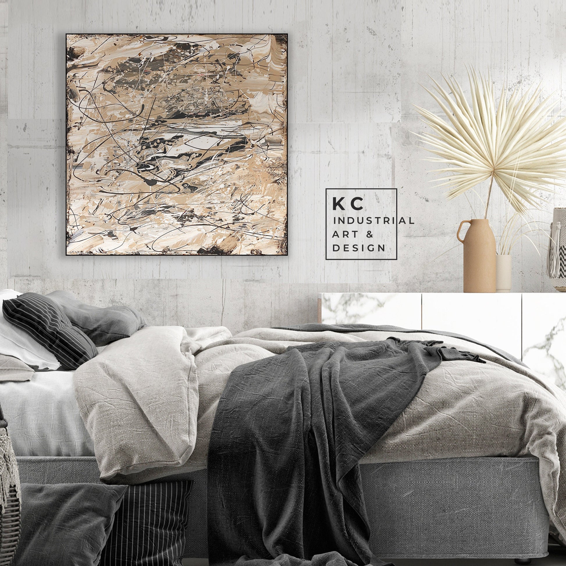 Black and Beige | Textured Series #5 | Abstract Minimalist Neutral Original Painting on Canvas | Tan Cream Beige Black