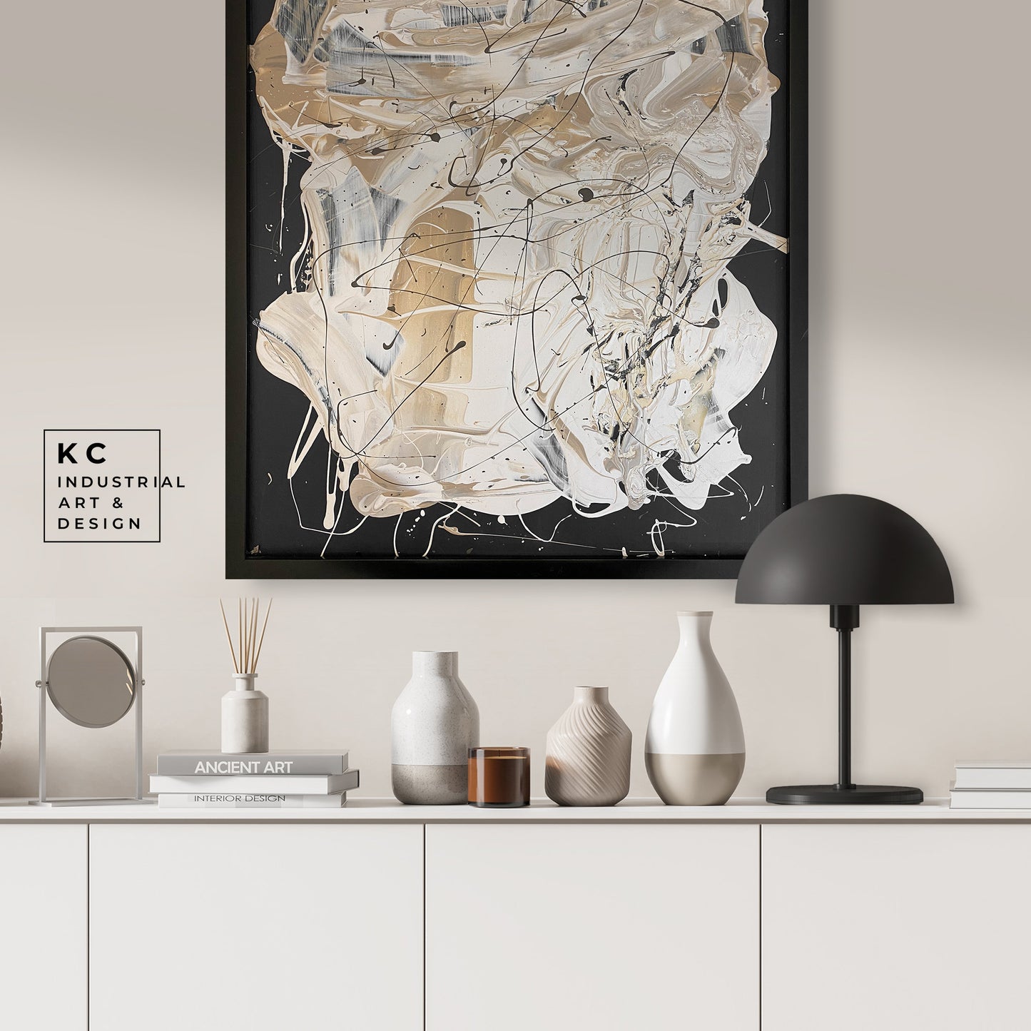 Black and Beige | Textured Series #8 | Abstract Minimalist Neutral Framed Original Painting on Wood | Tan Cream Beige Black